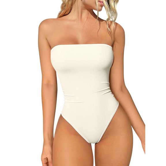 SUCS Womens Tube Bodysuits Strapless Basic Sleeveless Ruched Stretch Classic-Fit Tops Sexy Bodysuits