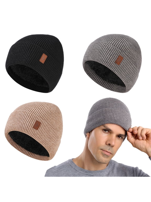 Mens Beanie Hats 3 Pack, Winter Hats for Men Women Warm Thermal Fleece Lined, Thick Knit Fashion Skull Cap for Guys