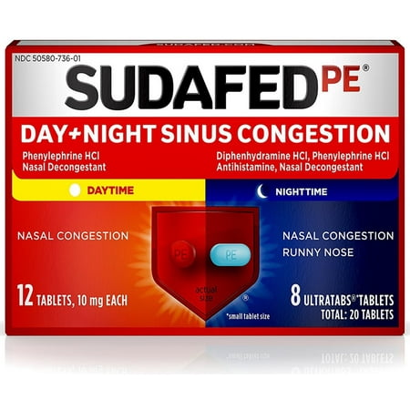 SUDAFED PE Day and Night Sinus Pressure and Congestion Tablets 20 ea (Pack of 2)