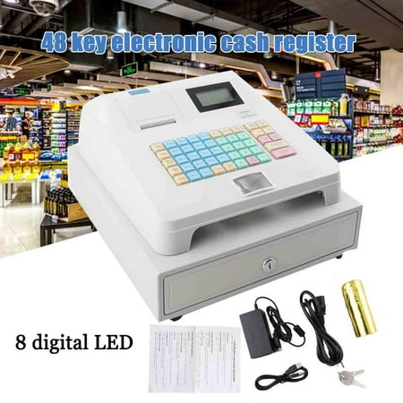 SUDEG Cash Register, 48 Keys Cashier Register, Cash Register with Drawer Flat Keyboard and Thermal Printer, 8-Digital Cash Register for Business