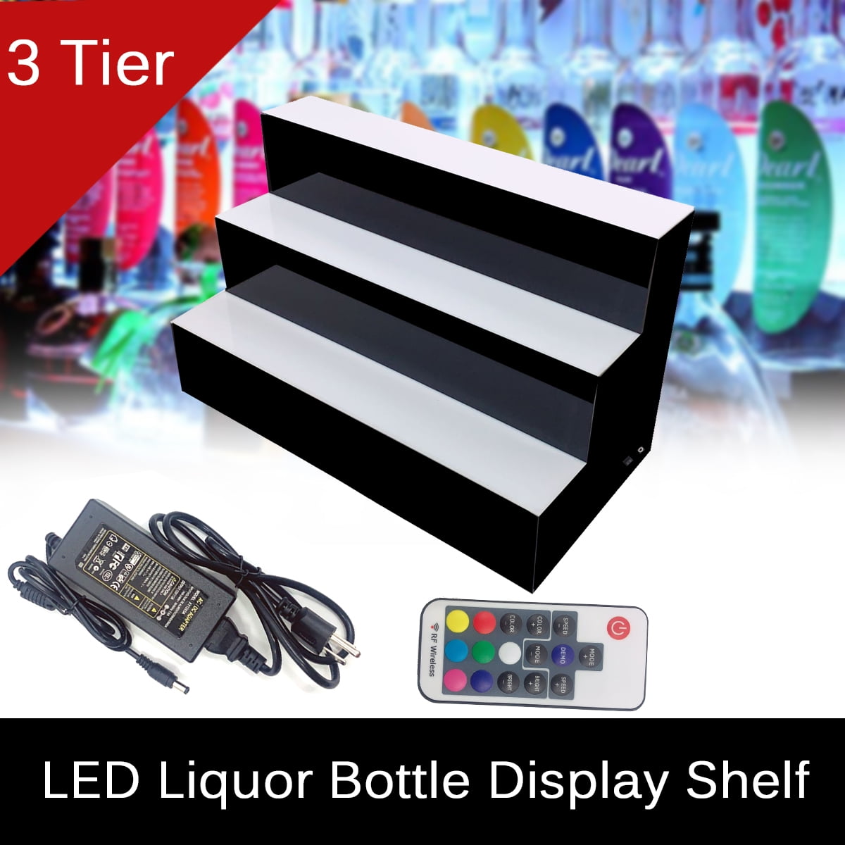 SUDEG LED Lighted Liquor Bottle Display 24 Inch 3 Step Illuminated Bar