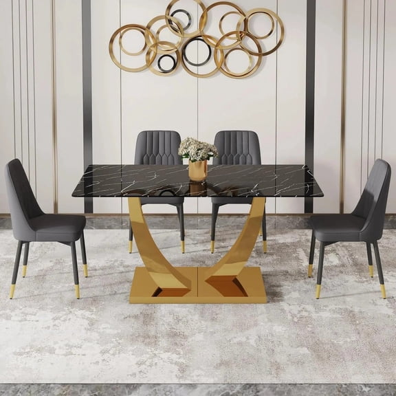 SUDICA Dining Table Set, 63 Inch Rectangular Tempered Glass Top with Gold Metal Base, 5 Piece with 4 Black PU Leather Chairs, Modern Style for Dining Room Kitchen