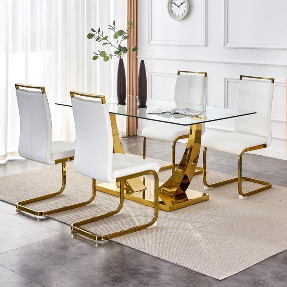 SUDICA 5 Piece Modern Tempered Glass Dining Room Table, Slat Black and Chrome Gold
