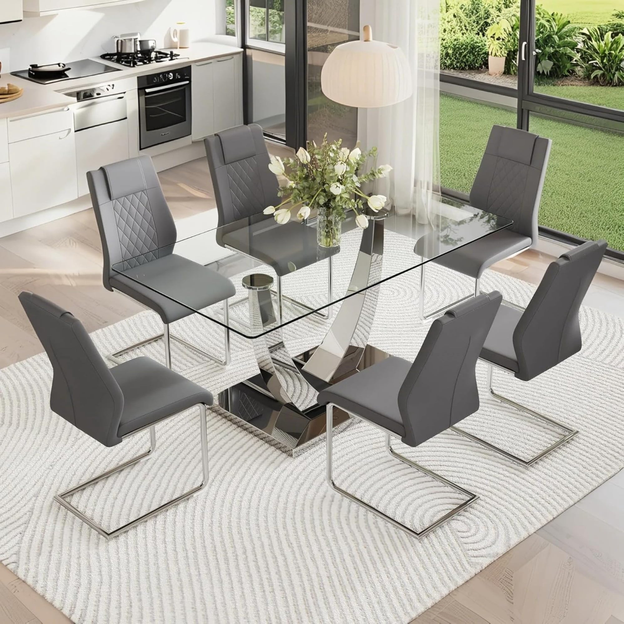 SUDICA 63" Glass Dining Table Set for 6, Modern 7-Piece Dining Room Set ...