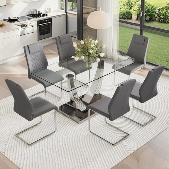 SUDICA 63" Glass Dining Table Set for 6, Modern 7-Piece Dining Room Set with Golden Metal Base and PU Leather Chairs