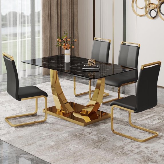 SUDICA 63" Rectangular Black Faux Marble Tempered Glass Dining Table Set with Gold Metal Base and 4 PU Leather Chairs for Dining Room