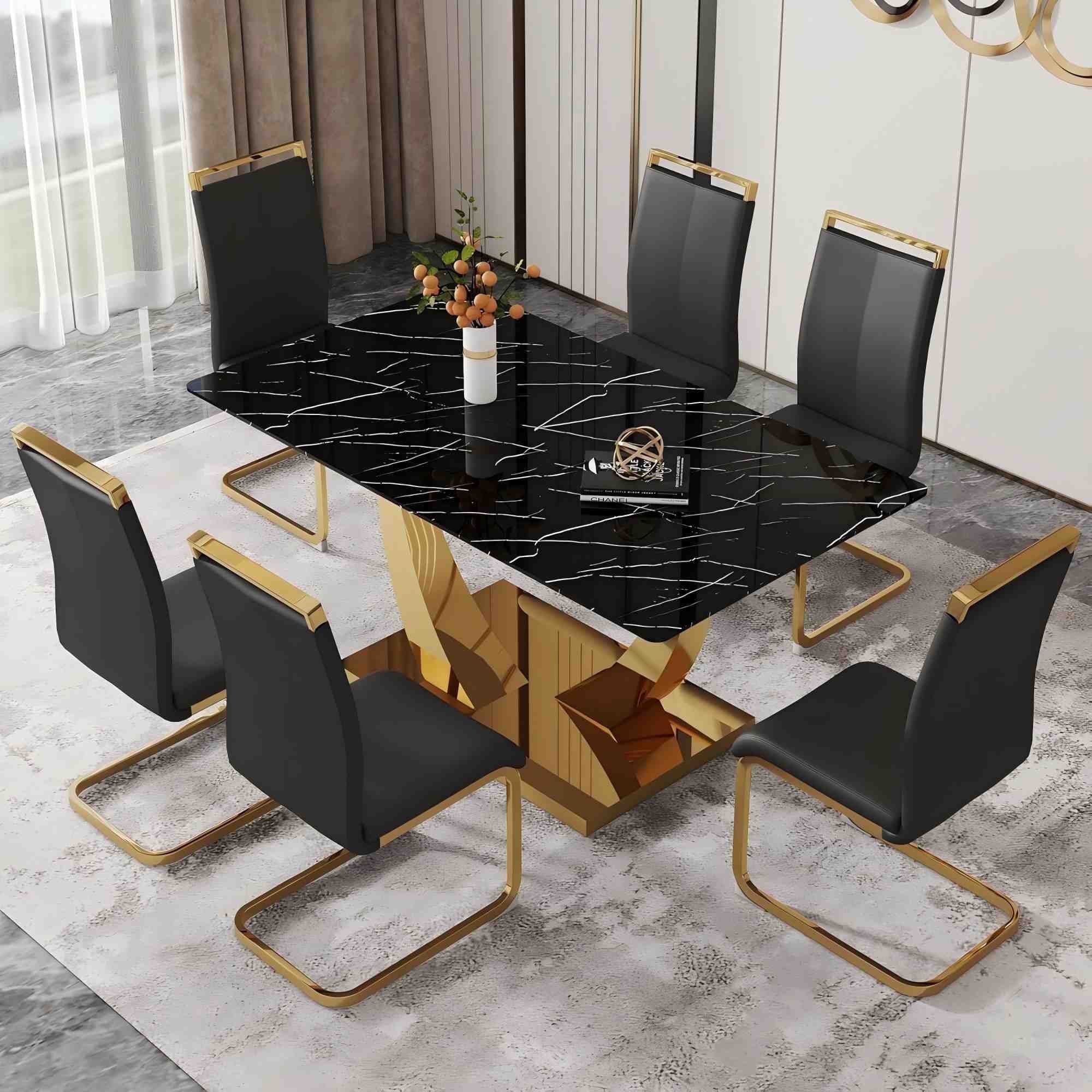 SUDICA Dining Table Set for 6, 63 Inch Rectangular Black Tempered Glass Table with Gold Metal Base and Black PU Leather Chairs for Dining Room