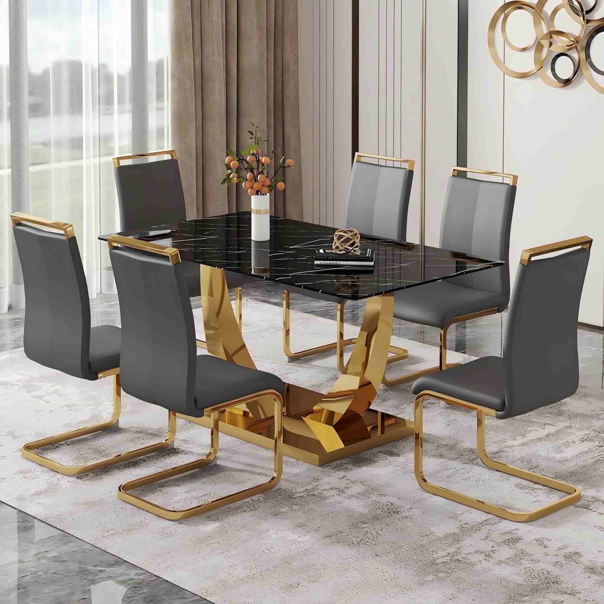SUDICA Dining Table Set for 6, Rectangular Tempered Glass Table with Gold Metal Base and Gray PU Leather Chairs for Dining Room