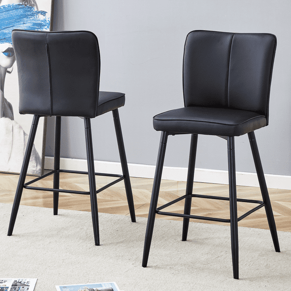 SUDICA Bar Stools Set of 2 Black PU Upholstered Chairs with Metal Legs for Kitchen Bar