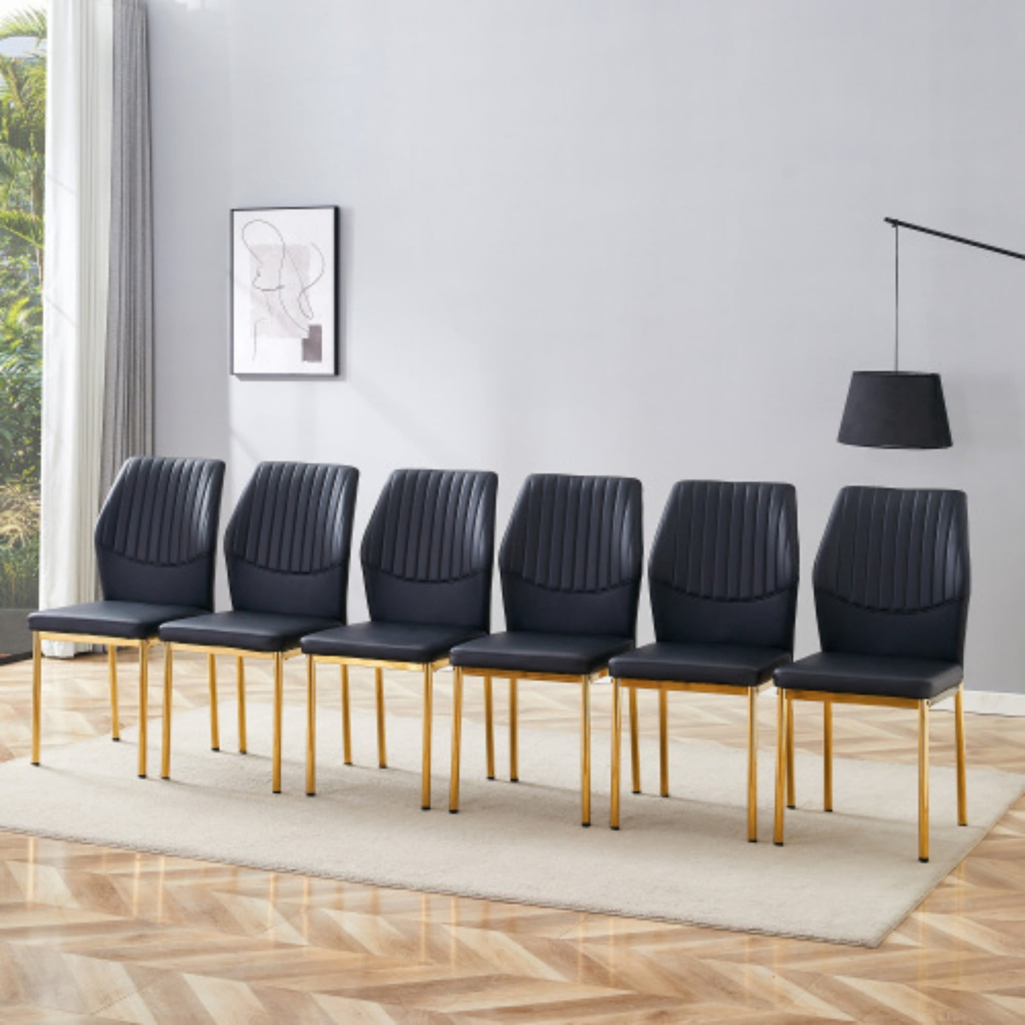 SUDICA Black Dining Chairs Set of 6， Modern Dining Room Chairs Set of 6, Kitchen Faux Leather Upholstered Chairs with Gold Mental Legs