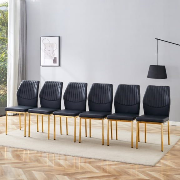 SUDICA Black Dining Chairs Set of 6 Modern Dining Room Chairs Set of 6, Kitchen Faux Leather Upholstered Chairs with Gold Mental Legs