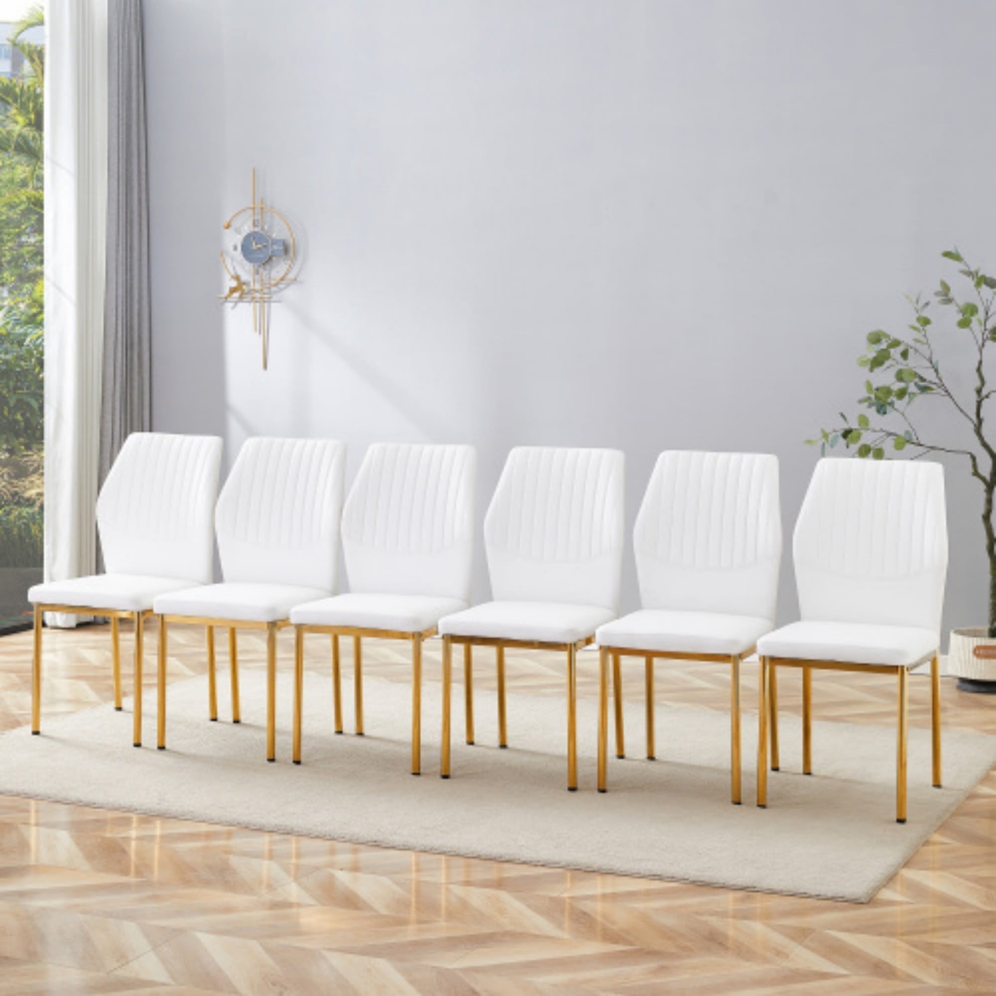 SUDICA White Faux Leather Dining Chairs Set of 6 with Gold Metal Legs for Dining Room Kitchen Bistro