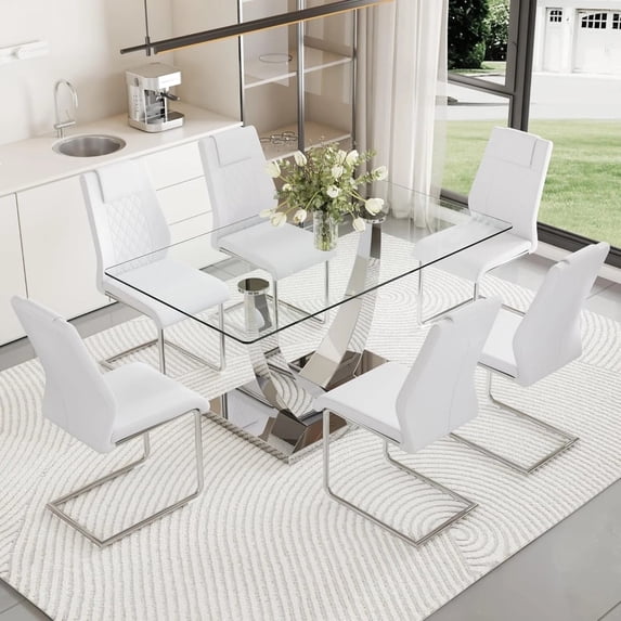 SUDICA 7pc Dining Table Set, 63 Inch Glass Top with U Base - Walmart.com