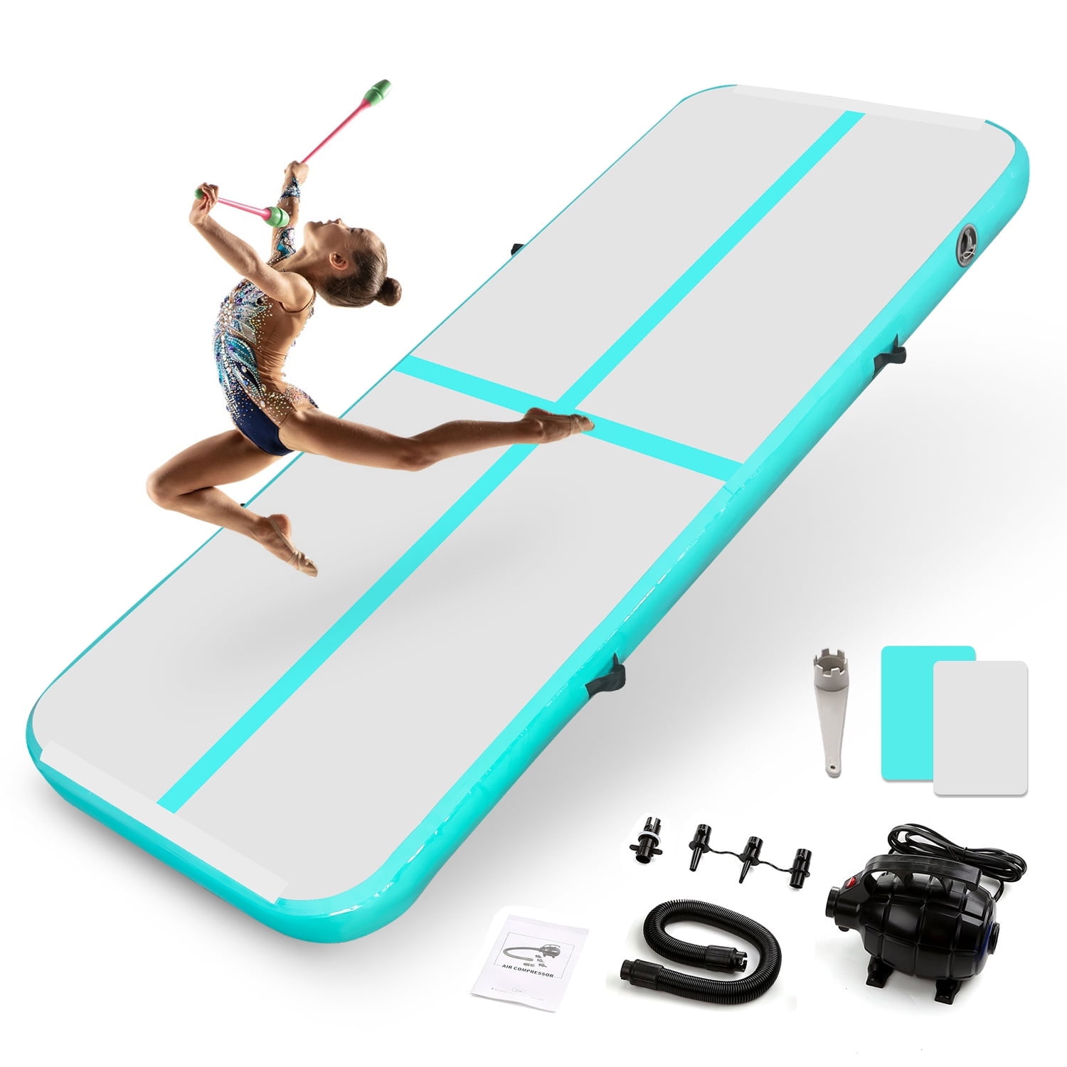 Inflatable Gymnastics Mat 10ft/ 13ft/ 16ft, 4 Inches Thickness Gymnastic Mats With Electric Pump And Carry Bag For Kids Home Use Outdoor Training Yoga Cheerleading Gym Studio Backyard Park