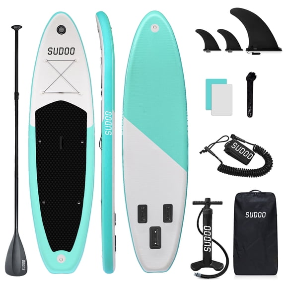 SUDOO 10'6" Inflatable Stand Up Paddle Board SUP for Adults All Skill Level with Backpack, Pump, Paddle, Coil Leash, 3 Fins, Repair Kit, Stable SUP with Non-Slip EVA Deck for Adults & Youth