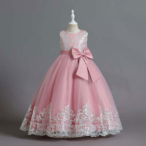 SUEE Flower Girls Dress for Wedding Bow-Knot Princess Long Ball Gown, 4-13 Year
