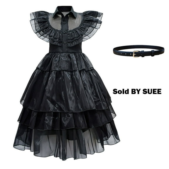 SUEE Girl Addams Wednesday Black Dress Kid Halloween Cosplay Party Costume Outfit
