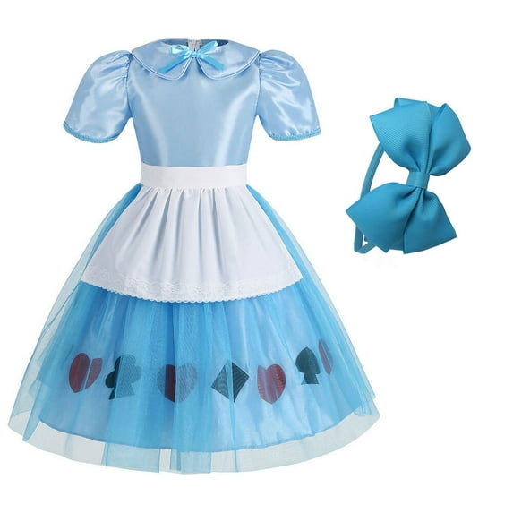 SUEE Girls Alice Costume Dress Halloween Alice Blue Outfits with Headband, Size 3-9T