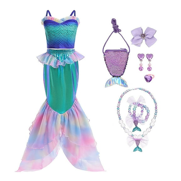 Girls Princess Ariel Two Piece Cosplay Sets Female Halloween Outfits, Little Girls 3-10 Years