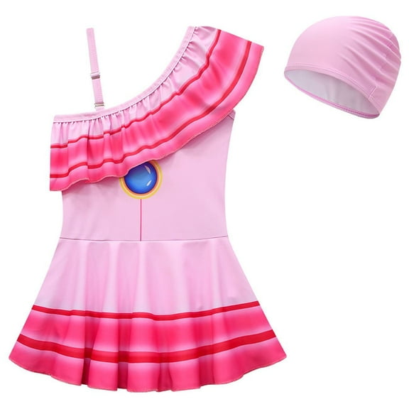 SUEE Girls Peach Swimsuit with Swim Cap, 1-Piece Swimwear Beach Bathing Suit, Size 2-8T