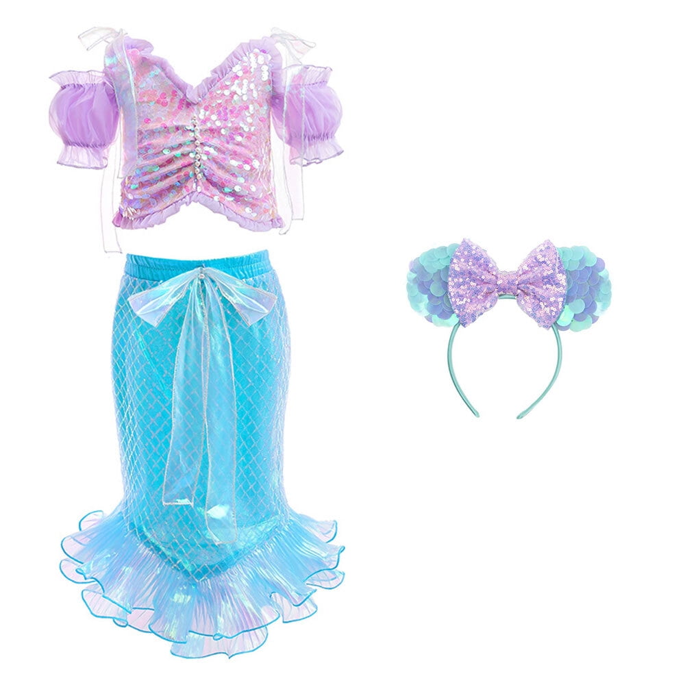 Hitormoon Mermaid Costume Dress For Girls – Complete Set With Wig, Wand, Gloves, Accessories For Cosplay, Birthday, Halloween (HN003M)