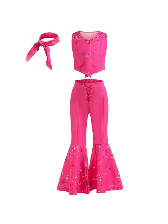 SUEE Pink Cowgirl Outfit for Girls 70s 80s Hippie Disco Halloween Movie Doll Costume, 3-10Y