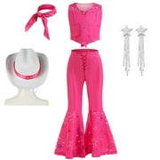 SUEE Pink Cowgirl Outfit for Girls 70s 80s Hippie Disco Halloween Movie Doll Costume, 3-10Y