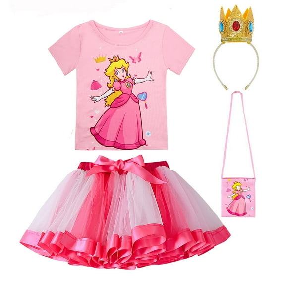 SUEE Princess Peach Costume for Girls Halloween Cartoon Peach Outfits with Accessories, 3-9Y