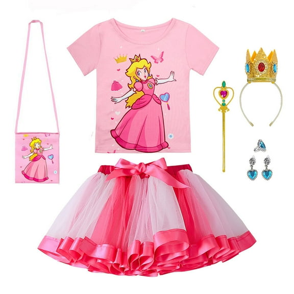 SUEE Princess Peach Costume for Girls Halloween Cartoon Peach Outfits with Accessories, 3-9Y