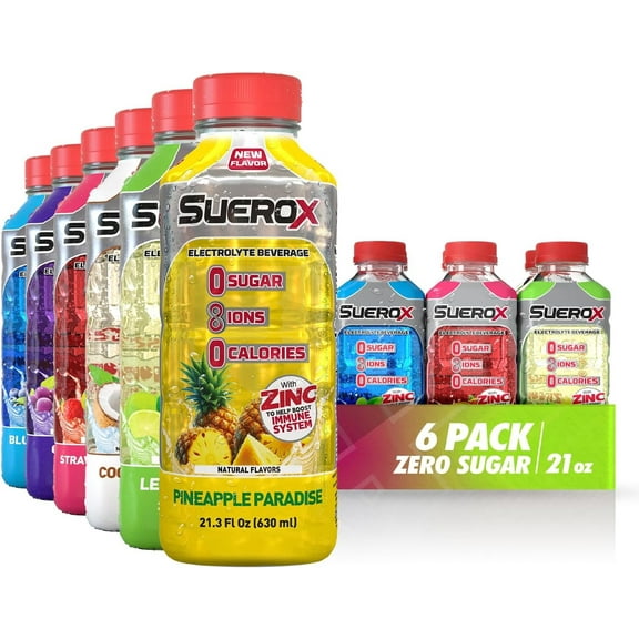 SueroX Zero Sugar Electrolyte Drink for Hydration and Recovery, Power Pack , 21 oz , (6 Pack)