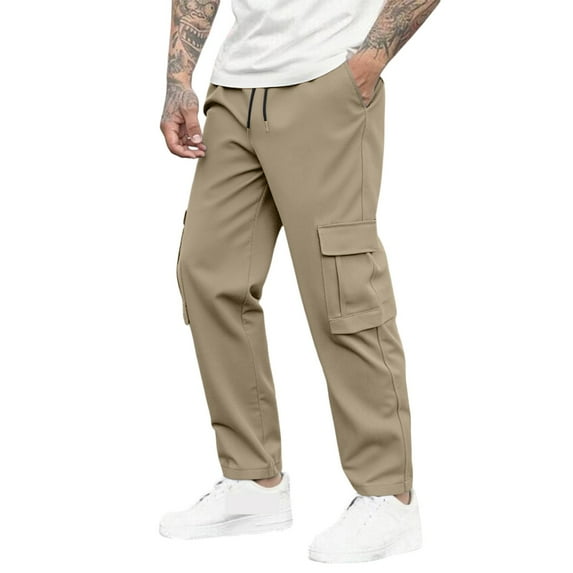 SUETCH Men's Casual Cargo Pants Workout Joggers Stretch Sweatpants Hiking Drawstring Tactical Pants with Multi Pockets,Beige,X-Large