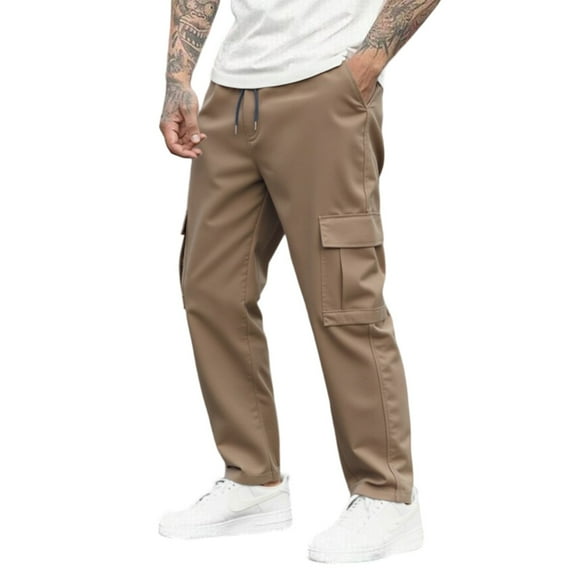 SUETCH Men's Casual Cargo Pants Workout Joggers Stretch Sweatpants Hiking Drawstring Tactical Pants with Multi Pockets,Brown,3X-Large