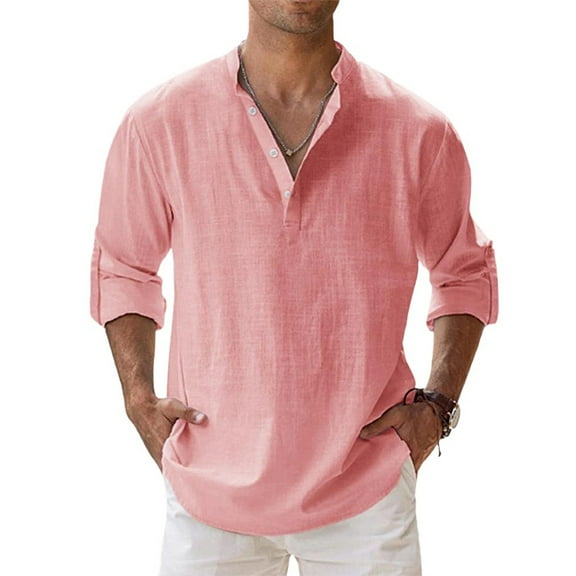 SUETCH Men's Casual Henley Shirt Long Sleeve Stand Collar Shirts Loose Fit Solid Color Cotton Linen Beach Tops,Watermelon Red,3X-Large