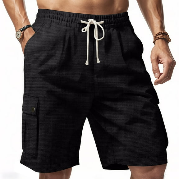 SUETCH Men's Linen Shorts Casual Elastic Waist Drawstring Summer Beach Shorts Stretch Bermuda Cargo Shorts with Multi Pockets,Black,XX-Large