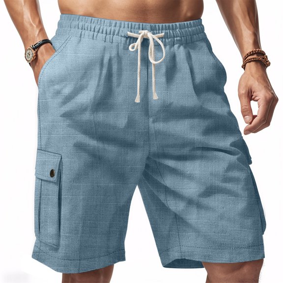 SUETCH Men's Linen Shorts Casual Elastic Waist Drawstring Summer Beach Shorts Stretch Bermuda Cargo Shorts with Multi Pockets,Light blue,3X-Large