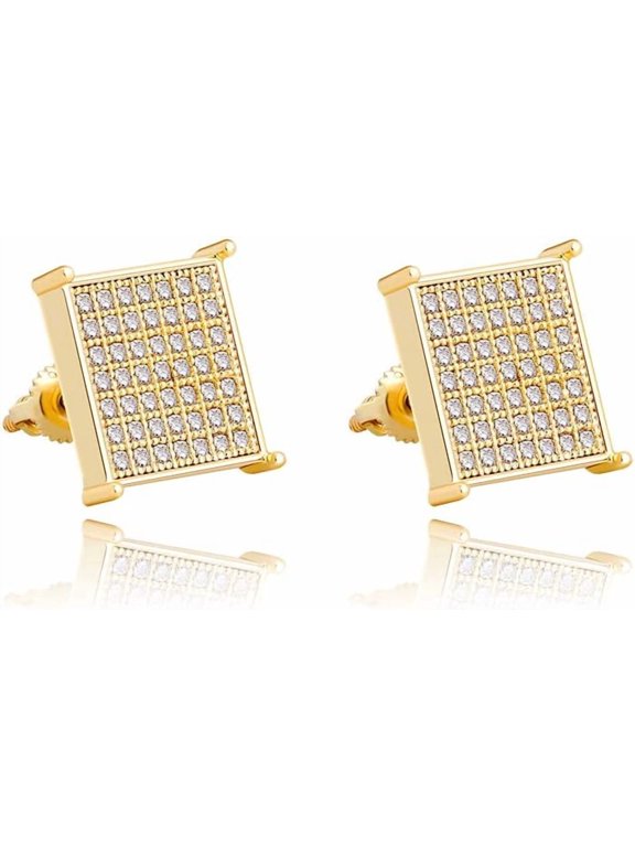 14K Gold Plated 12mm Square Stud Earrings for Men Women, CZ Prong Setting Screw Back Hip Hop Streetwear Jewelry, Hypoallergenic Unisex Gift