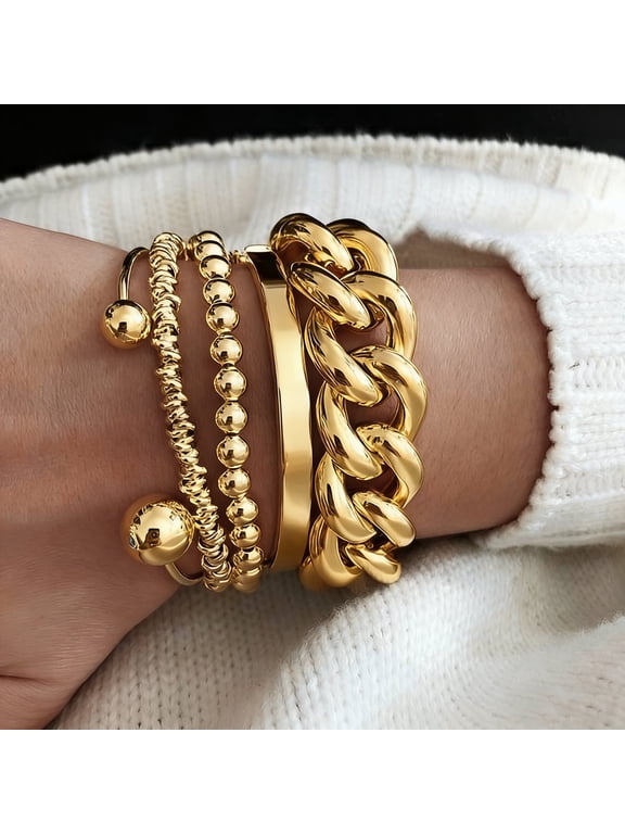 14K Gold Plated Bracelet Set for Women, 5PCS Layered Stackable Gold Bracelets, Dainty Fashion Jewelry, Hypoallergenic Everyday Jewelry Gift