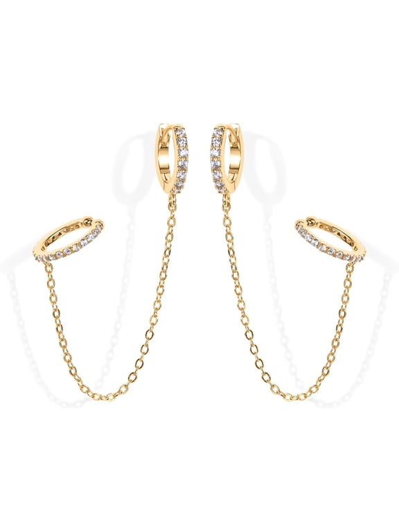 14K Gold Plated Chain Ear Cuff Earrings for Women, 12mm Pave Huggie Linked with 60mm Chain & CZ Cuff, Double Piercing Ear Stack Jewelry