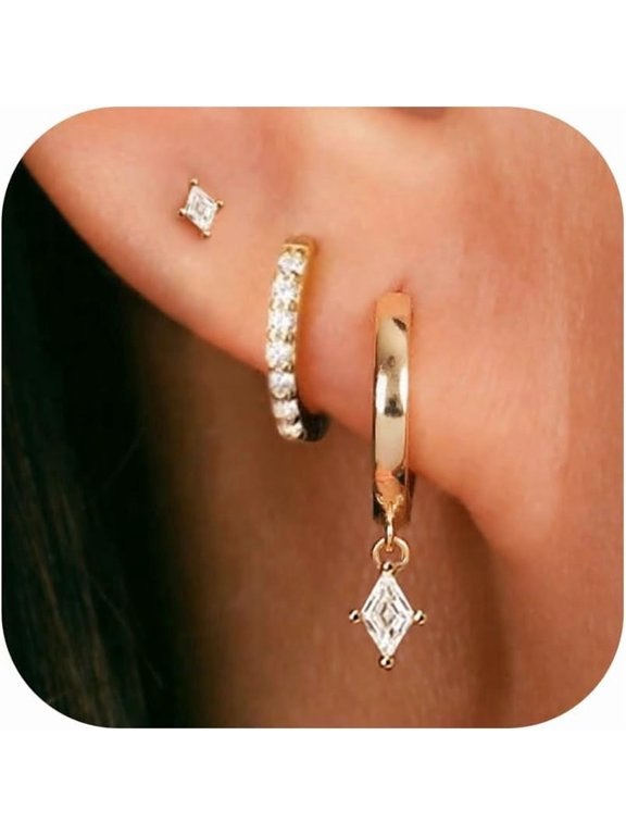 14K Gold Plated Diamond Shape Earring Set for Women, 3 Pairs CZ Stud, Pave Huggie & Dangle Hoop, Hypoallergenic Ear Stack Jewelry Gift