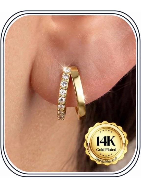 14K Gold Plated Double Hoop Earrings for Women, 10mm CZ & Smooth Huggie Set, Hypoallergenic Cartilage Earrings with Secure Clasp, Dainty Gold Stack Jewelry Gift