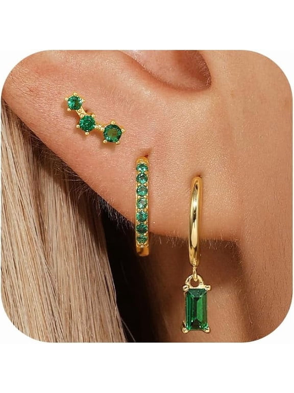 14K Gold Plated Emerald Green Earring Set for Women, 3 Pairs Huggie Hoop Studs with Green CZ, Hypoallergenic Ear Stack Jewelry Gift