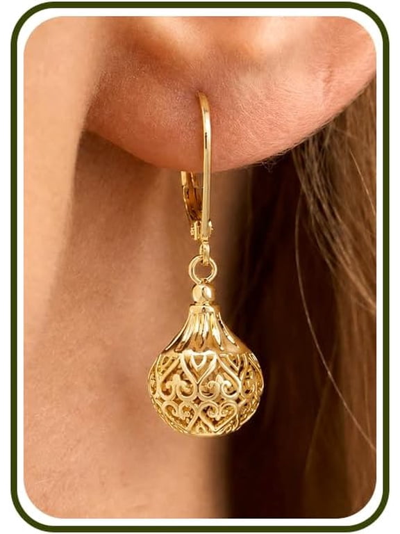 14K Gold Plated Filigree Ball Drop Earrings for Women, Hollow Teardrop Dangle Leverback Earrings, Hypoallergenic Jewelry Gift