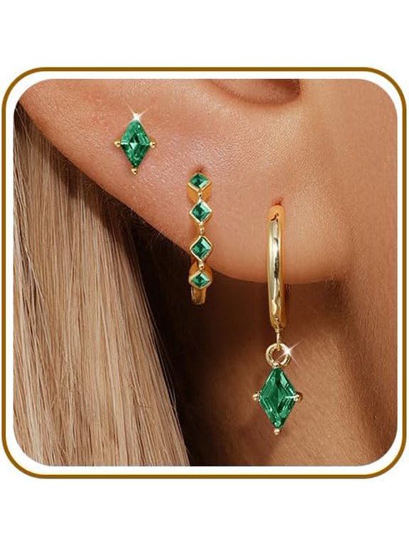 14K Gold Plated Green Rhombus Earring Set for Women, 3 Pairs Geometric Hoop Studs with Green CZ, Hypoallergenic Ear Stack Jewelry Gift