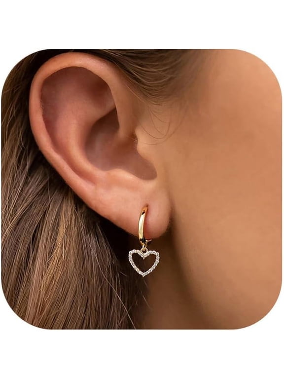 14K Gold Plated Hollow Heart Huggie Earrings for Women, 0.8mm Post Cubic Zirconia Dangle Hoops, Hypoallergenic Ear Stack Jewelry Gift