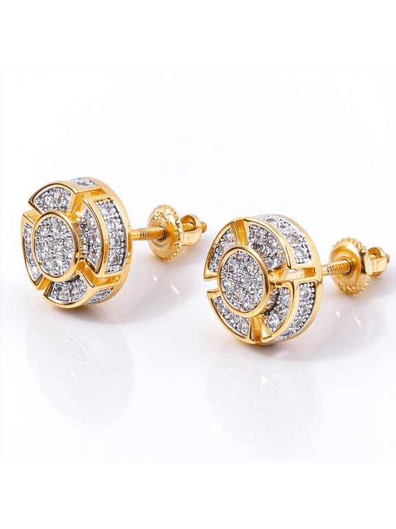 14K Gold Plated Screw Back Stud Earrings for Women Men, Cubic Zirconia Cluster Round Studs with Screw On Closure, Trendy Jewelry Gift for Him Her