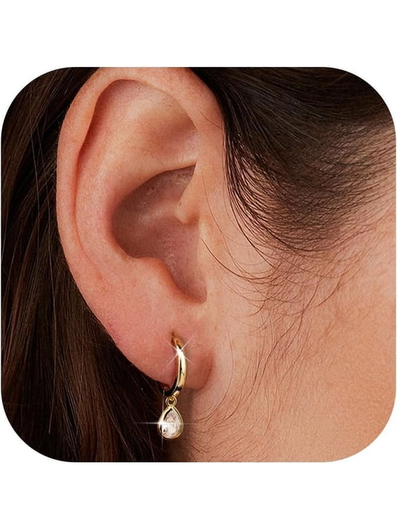 14K Gold Plated Teardrop Huggie Earrings for Women, 0.8mm Post CZ Dangle Hoops, Hypoallergenic Ear Stack Jewelry Gift
