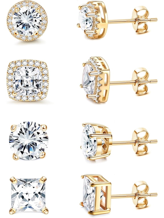 18K Gold Plated CZ Stud Earrings for Men Women, 4 Pairs Round & Square Halo Solitaire Set, Hypoallergenic Simulated Diamond Ear Stack