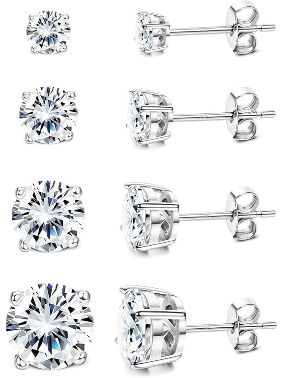 18K White Gold Plated Round CZ Stud Earrings for Women Men, 4 Pairs 3mm 4mm 5mm 6mm, Hypoallergenic Diamond Look Ear Stack