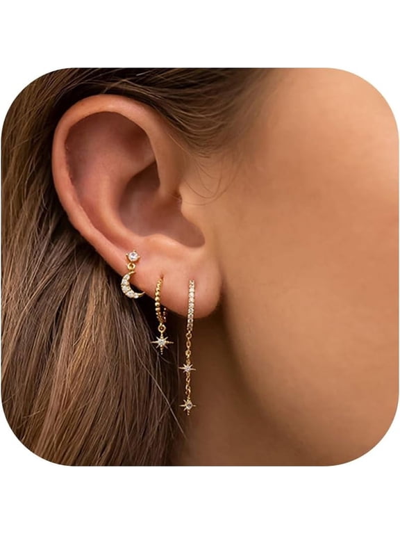 3 Pairs 14K Gold Plated Chain Hoop Earrings for Women, Celestial Star & Moon Dangle Set, Hypoallergenic Long Drop Huggie Cartilage Jewelry
