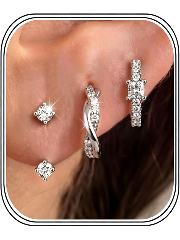 3 Pairs 925 Silver Plated Earrings Set for Women, CZ Stud & Spiral Hoop & Ear Jacket, Hypoallergenic Cartilage Earrings with Secure Clasp, Silver Stack Jewelry Gift